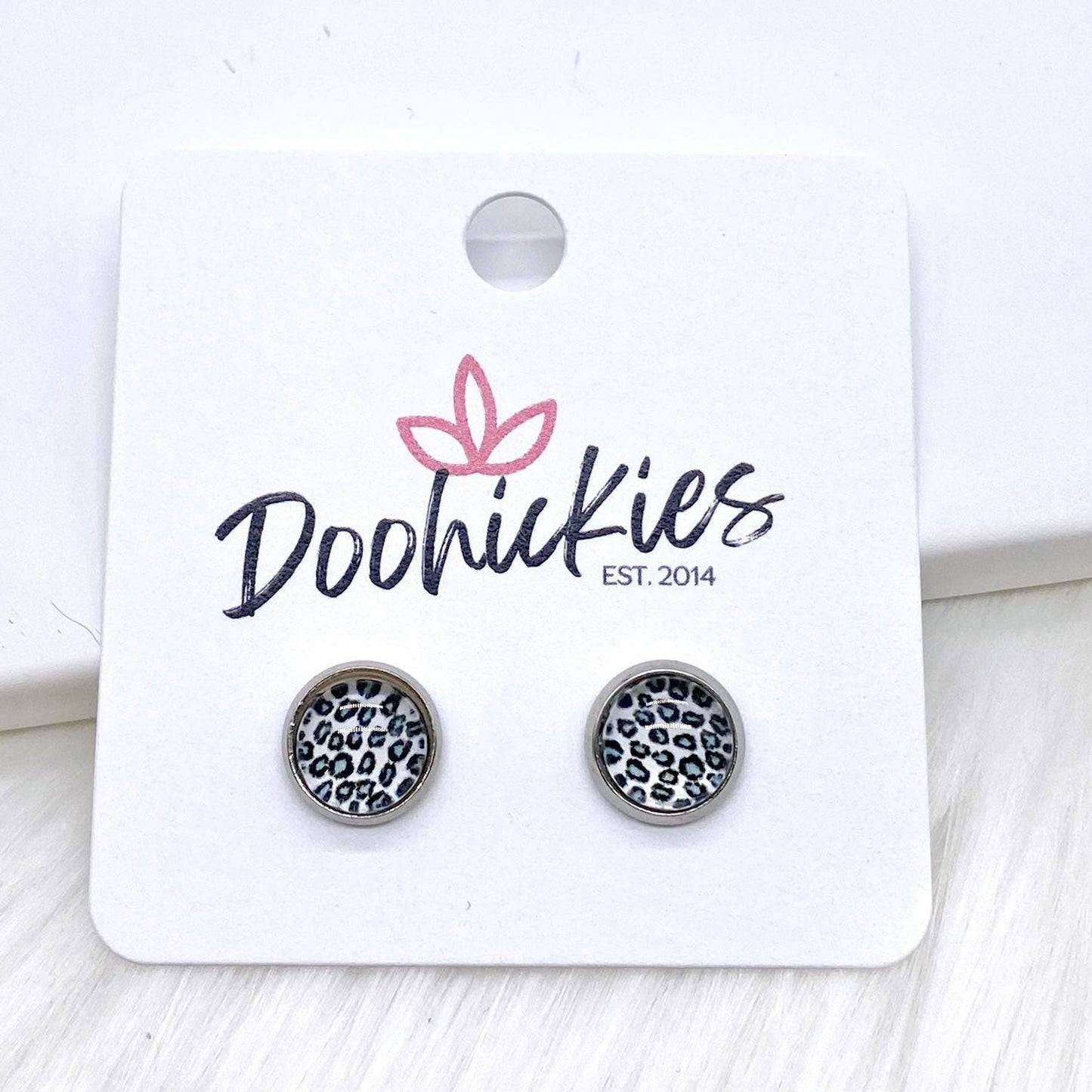 Silver Leopard Singles in Stainless Steel Settings -Earrings