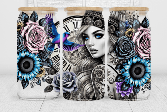 BLACK & WHITE TATTOO GIRL WITH PINK ROSES & TURQUOISE SUNFLOWERS