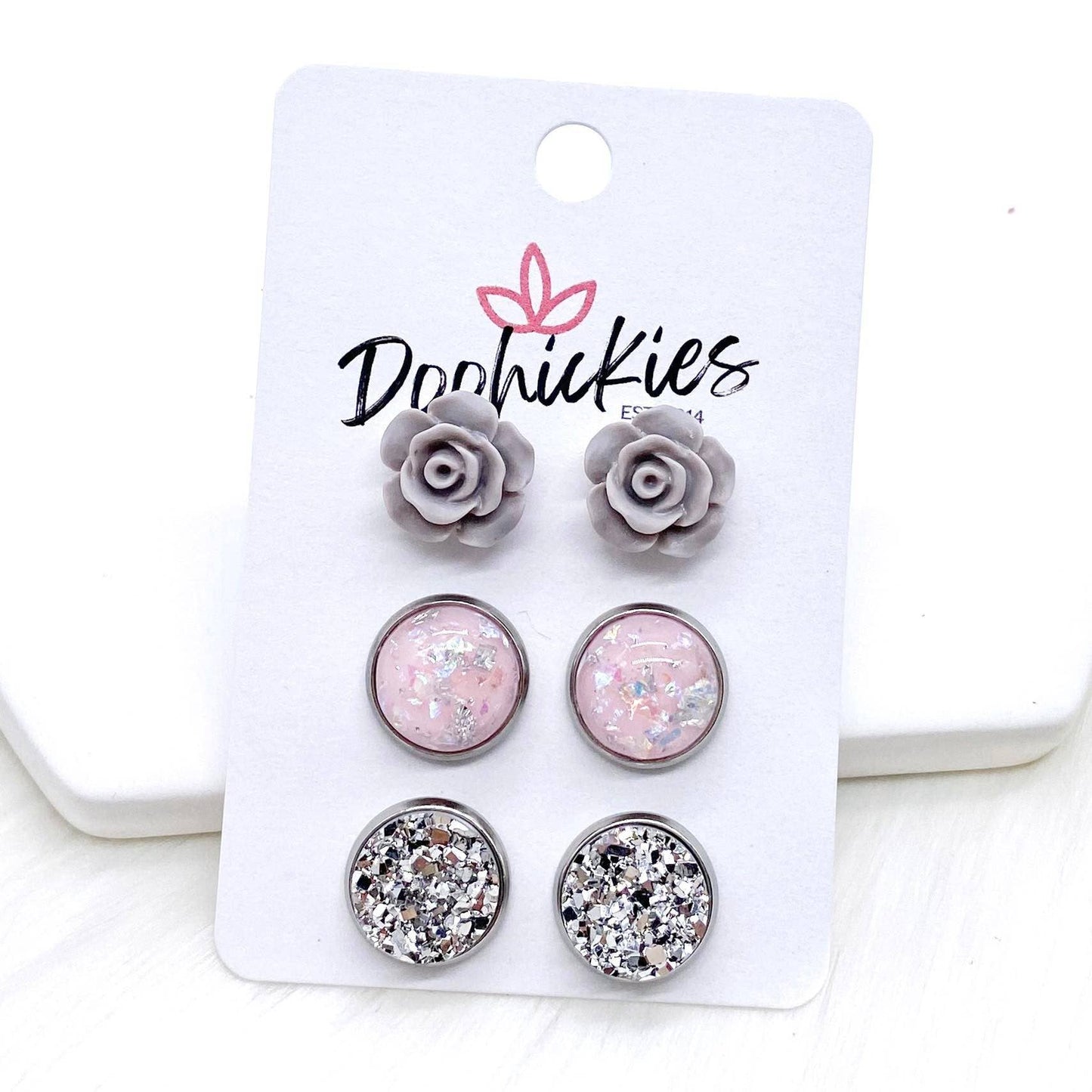 12mm Grey Roses/Pink & Silver Fleck/Silver in SS -Earrings