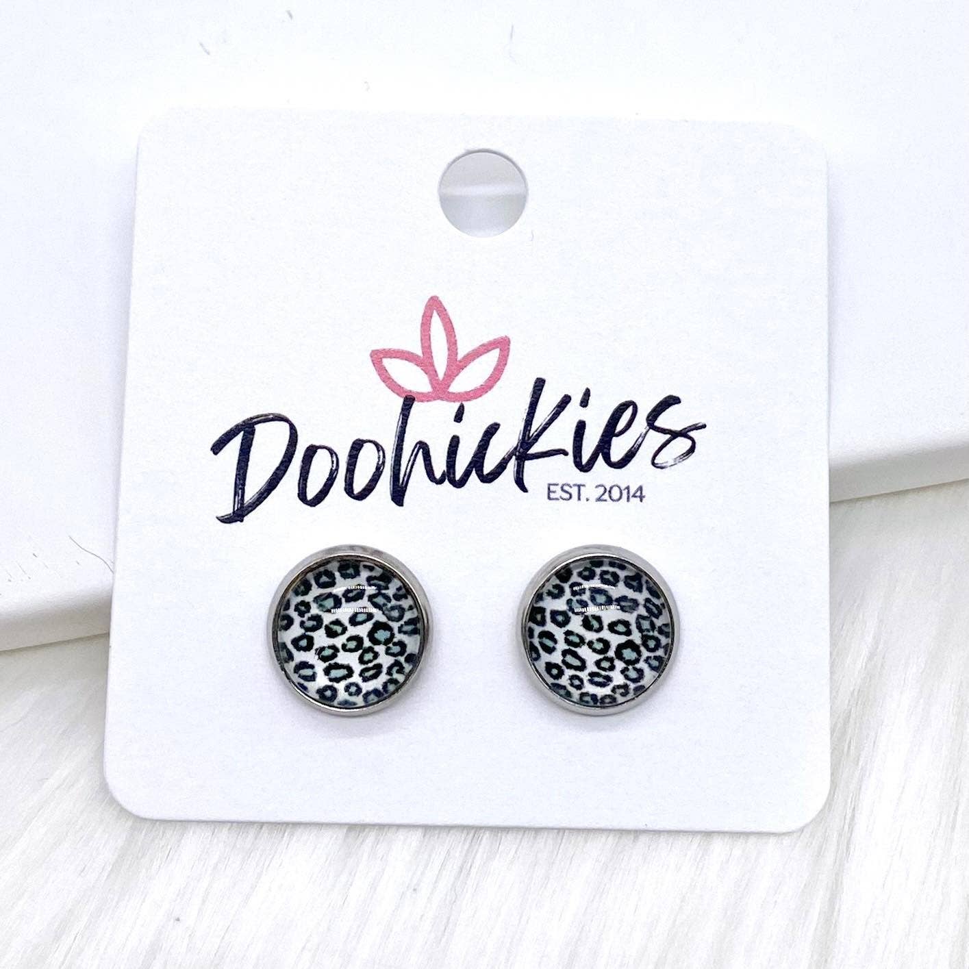 Silver Leopard Singles in Stainless Steel Settings -Earrings