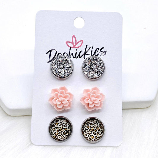 12mm Silver/Pink Succulents/Tan Leopard in SS -Earrings