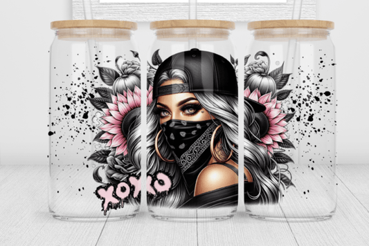 BLACK BANDANA GIRL XOXO WITH PINK SUNFLOWERS