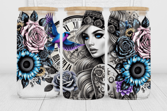 BLACK & WHITE TATTOO GIRL WITH PINK ROSES & TURQUOISE SUNFLOWERS