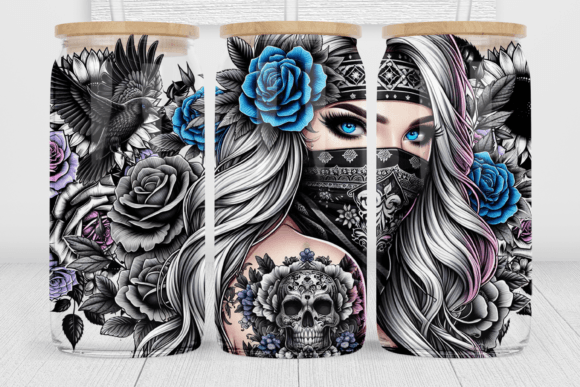 TATTOO GIRL WITH BLACK & TURQUOISE FLOWERS
