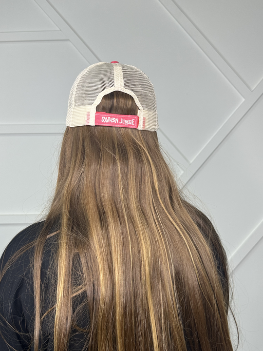 Coral Distressed Hat with Tan Mesh