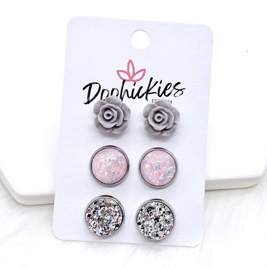 12mm Grey Roses/Pink & Silver Fleck/Silver in SS -Earrings